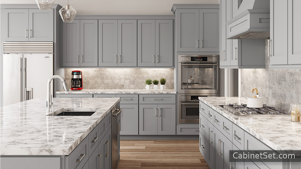 Bridgeport Grey Shaker kitchen full view with an island.