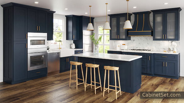 Camden Blue Shaker kitchen full view with an island.