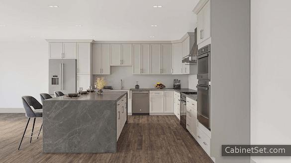 Hanover Dove kitchen full view with an island.