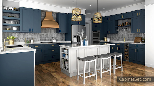 Madison Blue Shaker kitchen full view with an island.