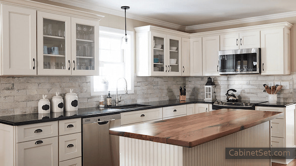 Malibu Blanc kitchen full view with an island.