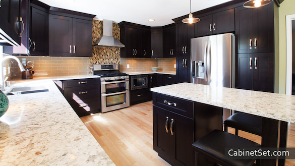 Newport Espresso Shaker kitchen full view with an island.