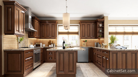 Nutmeg Modern kitchen full view with an island.