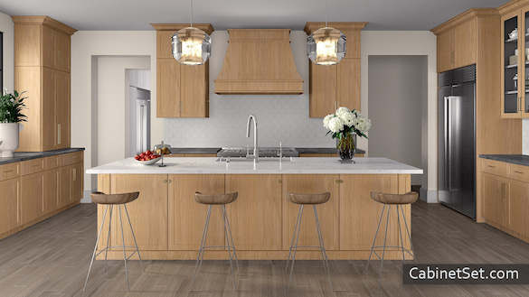 Vienna Rift Oak kitchen full view with an island.