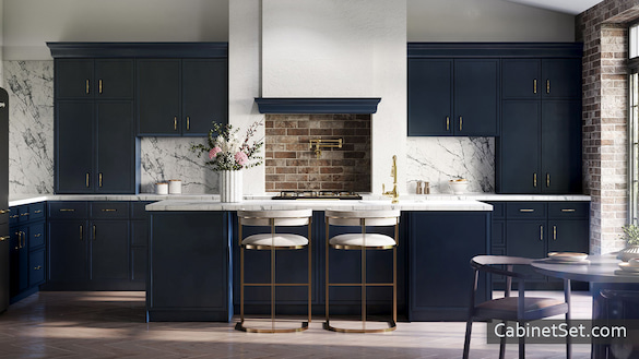York Slim Blue Shaker kitchen full view with an island.